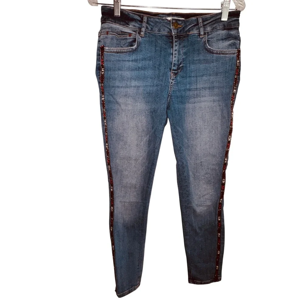 Zara Denim Wear Skinny Jeans Medium Wash Embroidered Side Stripe Red Blue Size 8